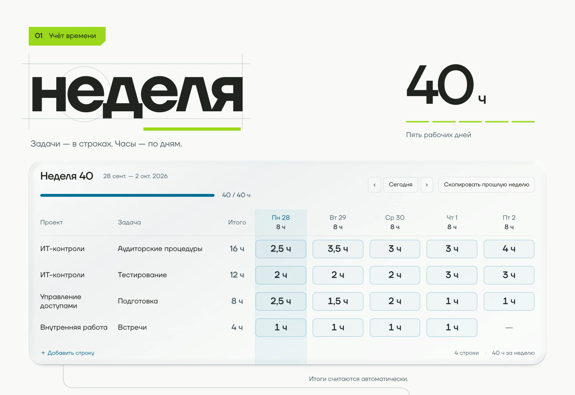 Timesheet. Рабочая неделя по задачам. Часть 3 из 17, на русском языке.